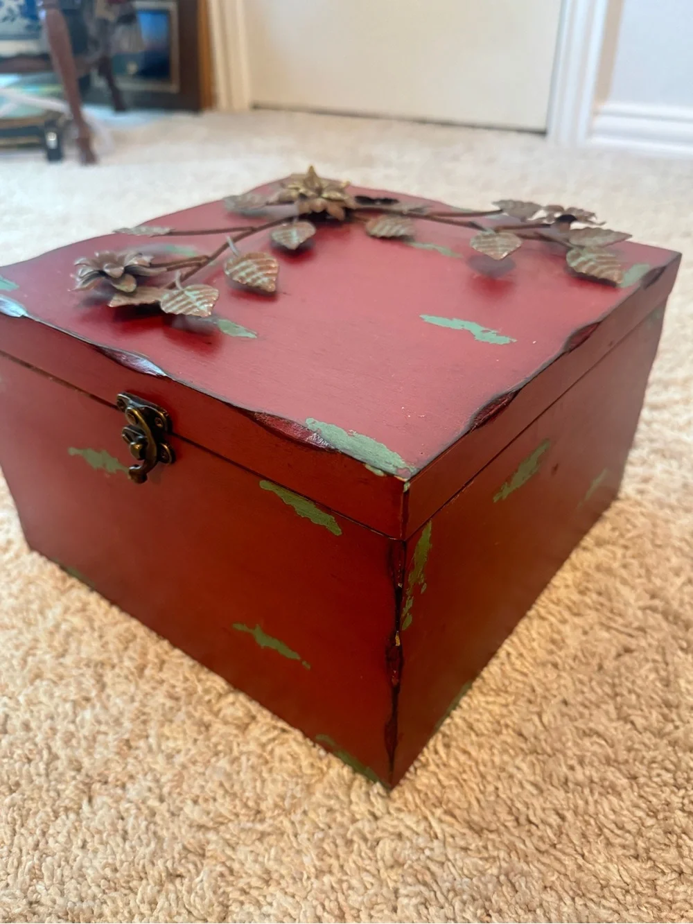 Vintage-Style Red Decorative Jewelry Box with Floral Metal Accent
